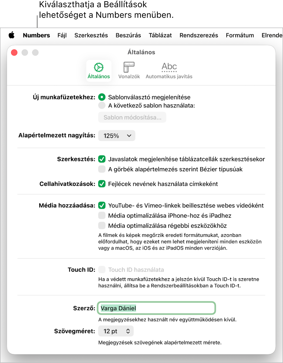 A Numbers beállítások ablaka a megnyitott Általános panellel és az új munkafüzetek, az alapértelmezett nagyítás, a szerkesztés, a cellahivatkozások, az egyenletek, a média hozzáadása, a Touch ID, a szerző neve és az alapértelmezett szövegméret beállításaival.