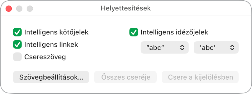 A Helyettesítések ablak.