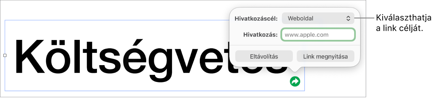 A linkszerkesztő vezérlői a kijelölt Weboldal elemmel, illetve az alul megjelenő Eltávolítás és Link megnyitása gombokkal.