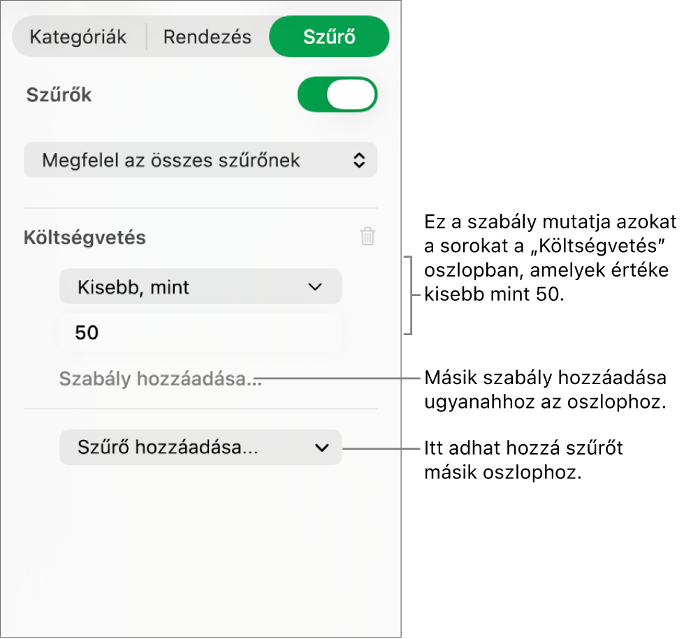 A szűrőszabályok létrehozására szolgáló vezérlők.