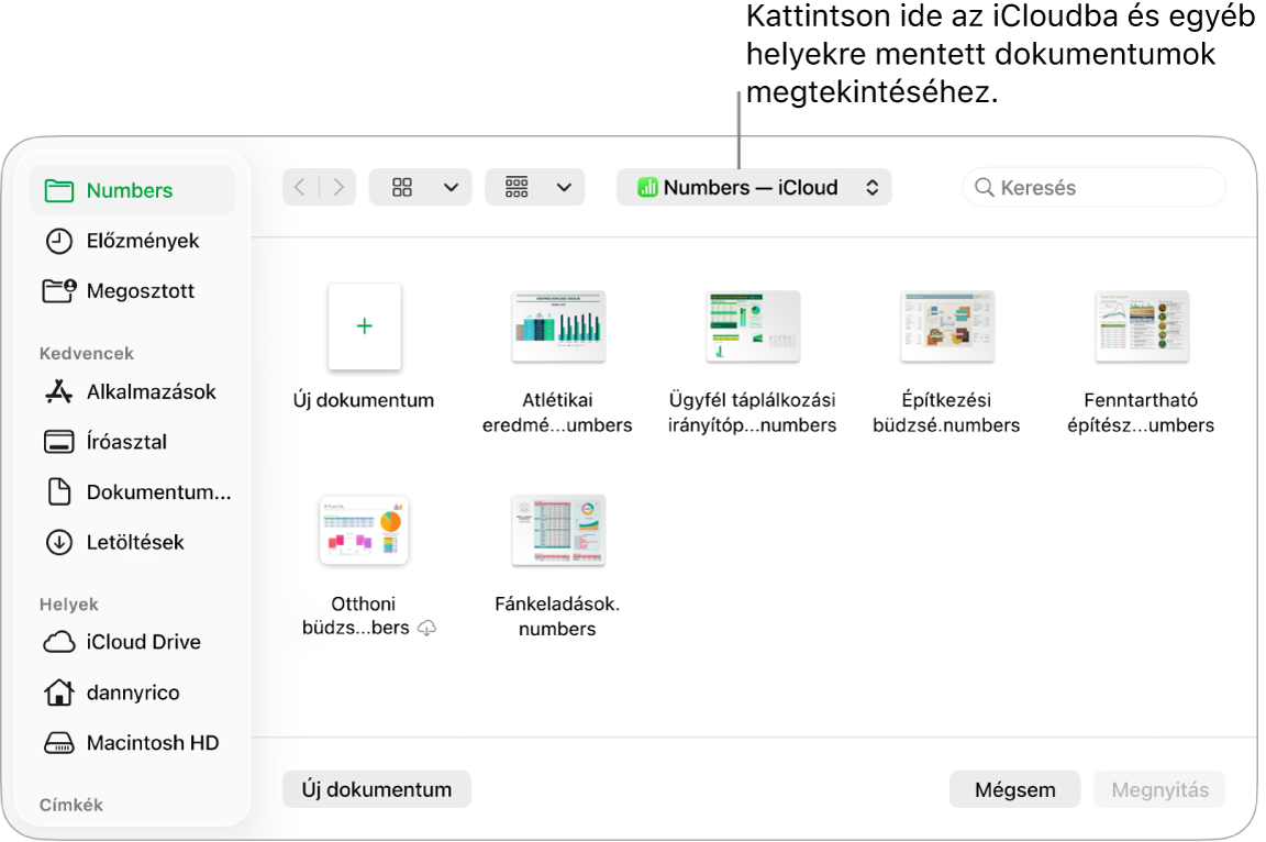A Megnyitás párbeszédpanel megnyitott oldalsávval a bal oldalon és a felugró menüben kijelölt iCloud Drive-val a felső részen. A Keynote, a Numbers és a Pages mappái megjelennek a párbeszédpanelen az Új dokumentum gombbal együtt.