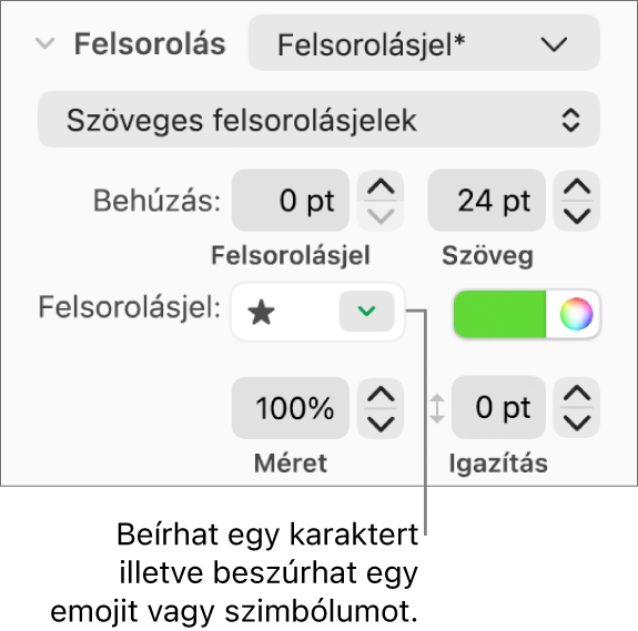 A Formátum oldalsáv Felsorolásjelek és listák szakasza. A Felsorolások mező egy csillag emojival.