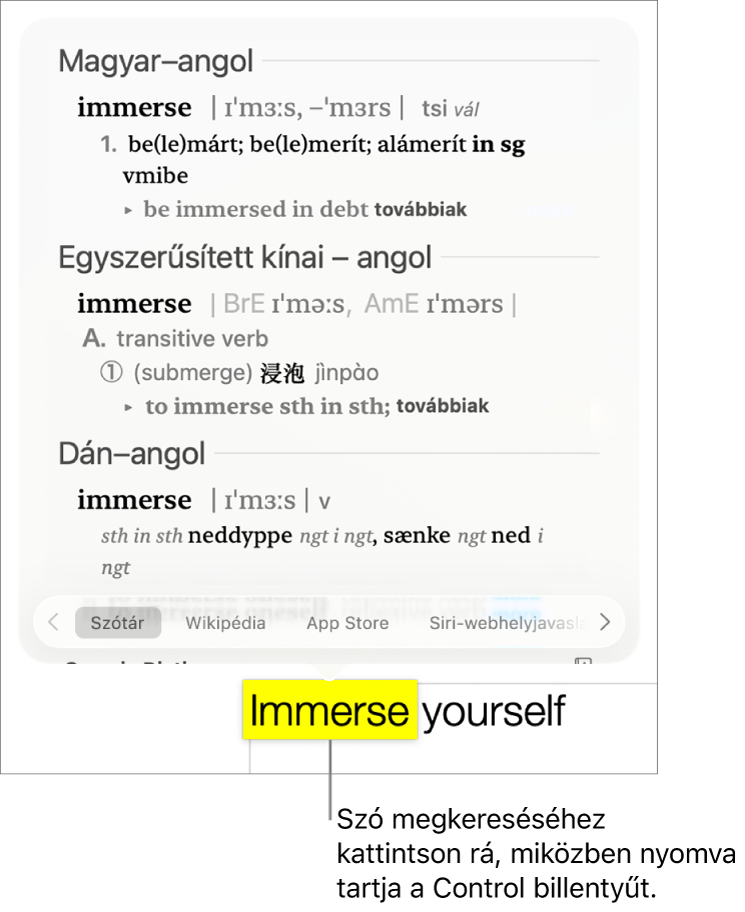 Szöveg, amelyben egy szó ki van emelve, és egy ablak, amely a definíciót és a Wikipédia-bejegyzést jeleníti meg. Az ablak alján található három gomb a szótárra, a Wikipédiára és a Siri javasolt webhelyeire mutató hivatkozásokat tartalmazza.