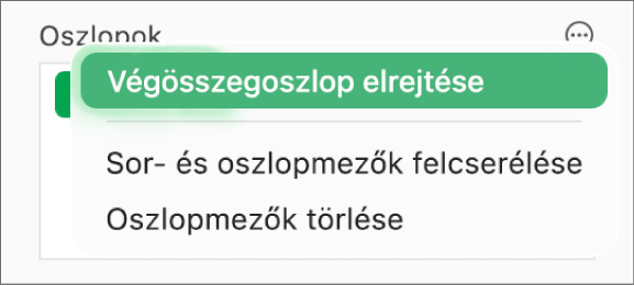 A További mezőbeállítások menü a végösszegek elrejtésére, oszlop- és sormezők felcserélésére és mezők törlésére szolgáló vezérlőkkel.