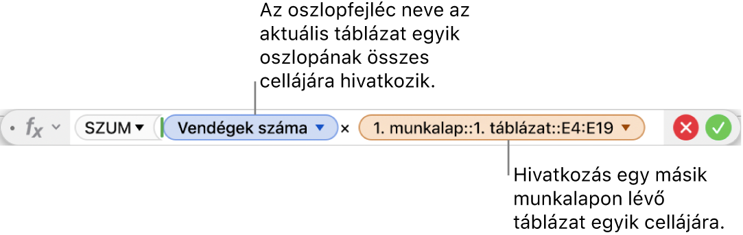 A képletszerkesztő, egy táblázat oszlopára és egy másik táblázat cellájára hivatkozó képlettel.