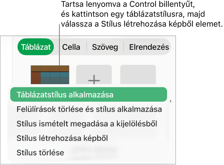 A Táblázatstílus helyi menü.