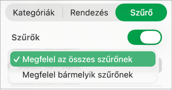 Felugró menü az összes szűrőnek vagy a bármely szűrőnek megfelelő sorok megjelenítése közötti váltáshoz.