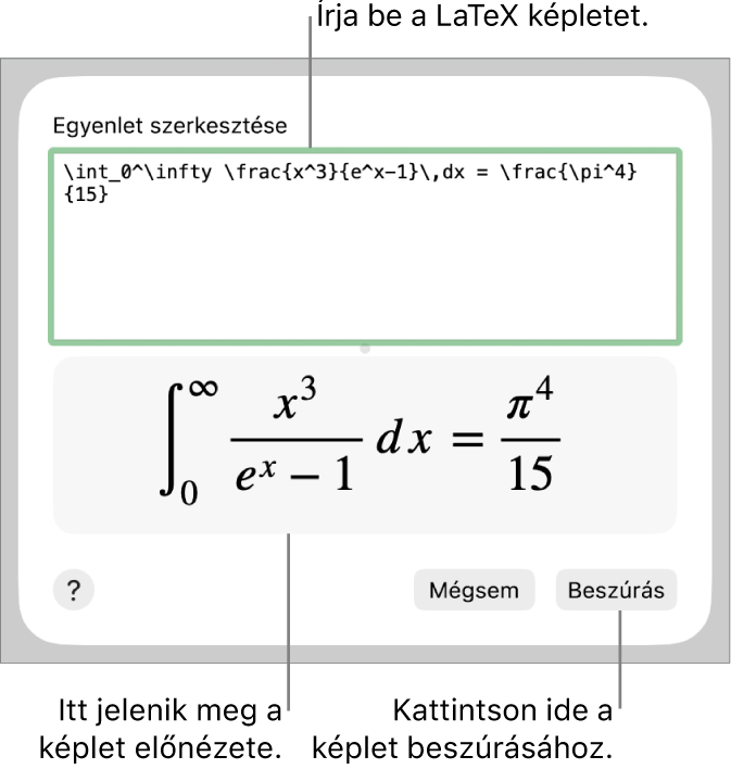 A LaTeX használatával írt másodfokú egyenlet megoldóképlete az Egyenlet mezőben és az egyenlet előnézete alul.