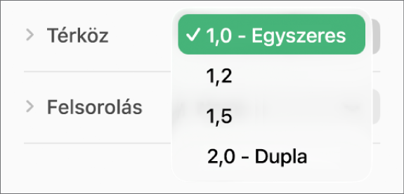 A Térköz előugró menü a Szimpla, Dupla és más beállításokkal.