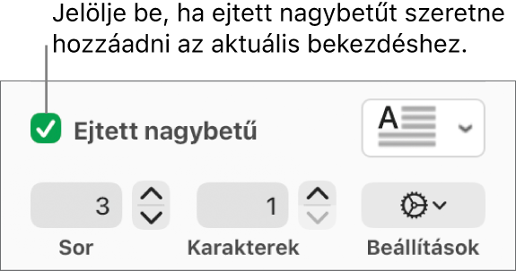 Az Ejtett nagybetű jelölőnégyzet be van jelölve, a négyzet jobb oldalán egy előugró menü látható, a menü alatt pedig a sorok magasságának, a karakterek számának és az egyéb lehetőségeknek beállítására szolgáló vezérlők jelennek meg.