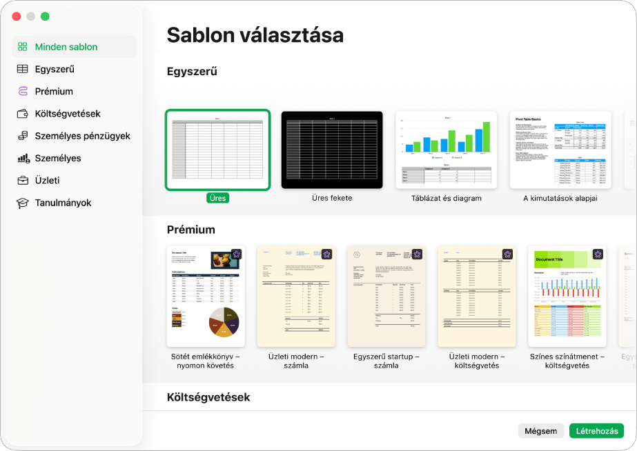 A sablonválasztó. A bal oldali oldalsáv tartalmazza a sablonkategóriákat, melyekre kattintva szűrheti a lehetőségeket. A jobb oldalon a kategóriák alapján sorokba rendezett előre elkészített sablonok bélyegképei láthatók. Elsőként az Egyszerű kategória látható, melyet a Személyes pénzügyek és a Személyes kategória követ. A Mégsem és a Létrehozás gombok a jobb alsó sarokban láthatók.