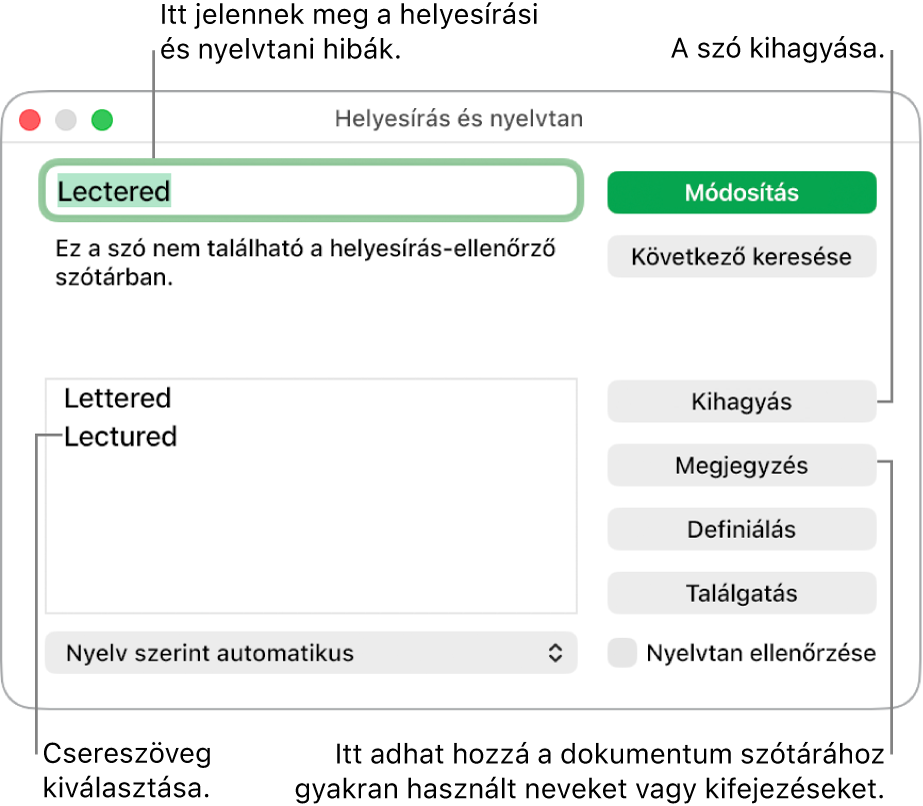 A Helyesírás és nyelvtan ablak.