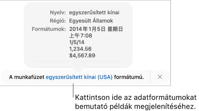 Értesítés az eltérő nyelvi és regionális beállításokról, és látható néhány példa az adott nyelvre és régióra jellemző formátumokra.