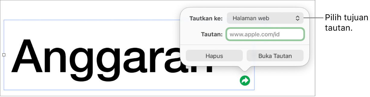 Kontrol editor tautan dengan Halaman Web dipilih dan tombol Hapus serta Buka Tautan di bagian bawah.