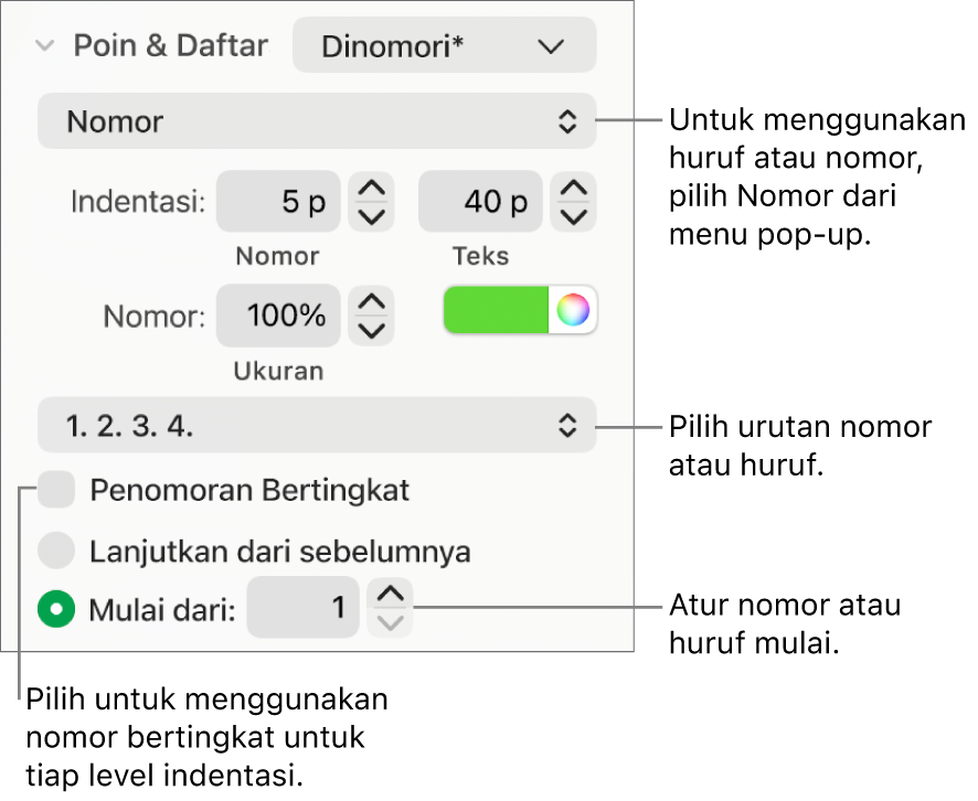 Kontrol untuk mengubah gaya nomor dan spasi daftar.