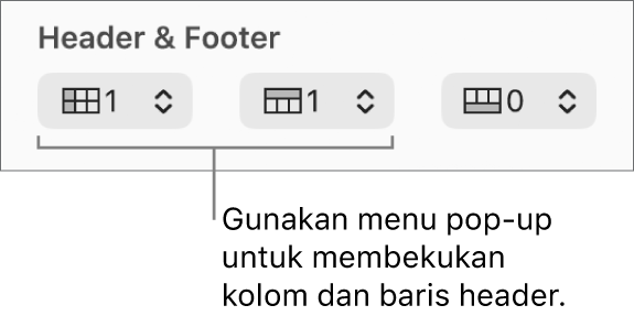 Menu pop-up untuk menambahkan kolom dan baris header dan footer ke tabel dan untuk membekukan baris dan kolom header.