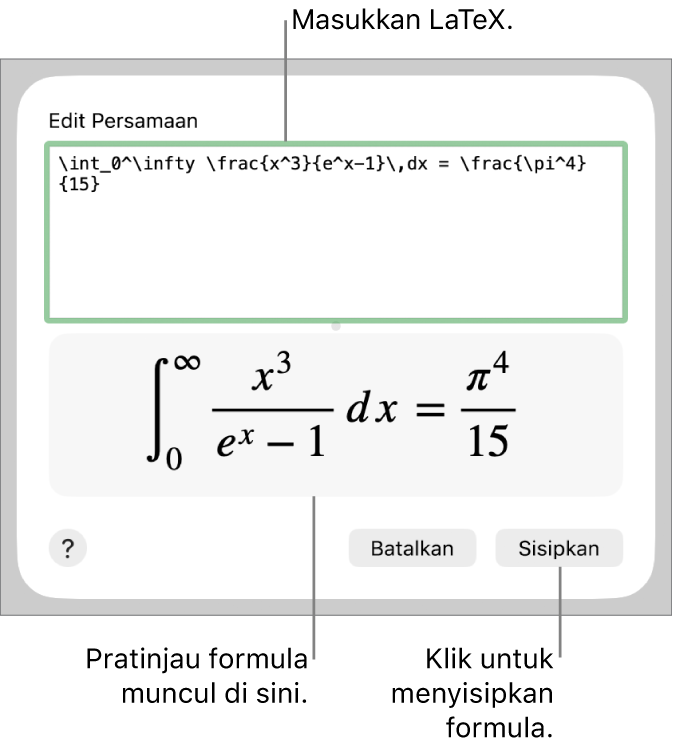 Formula kuadratik yang ditulis menggunakan LaTeX di bidang Persamaan, dan pratinjau formula di bawah ini.