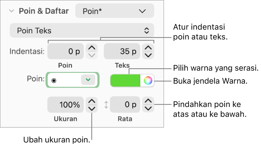 Bagian Poin & Daftar dengan keterangan pada kontrol untuk indentasi poin dan teks, warna poin, ukuran poin, dan perataan.