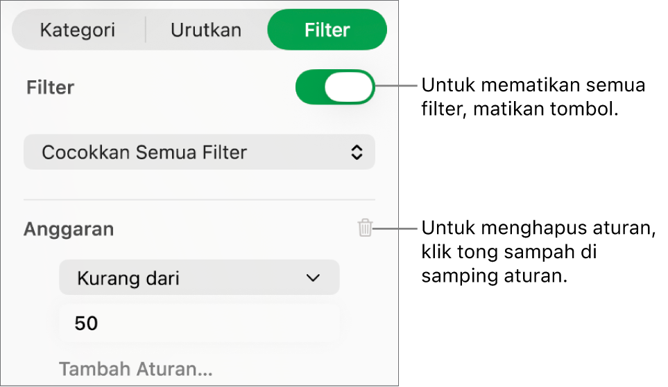 Kontrol untuk menghapus filter atau mematikan semua filter.