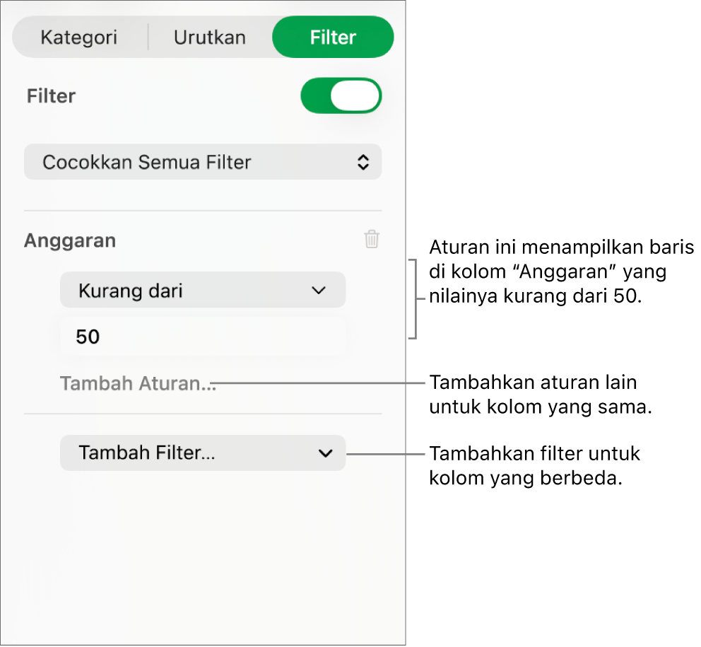 Kontrol untuk membuat aturan pemfilteran.