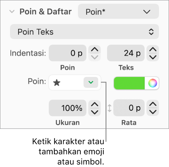 Bagian Poin & Daftar pada bar samping Format. Bidang Poin menampilkan emoji bintang.