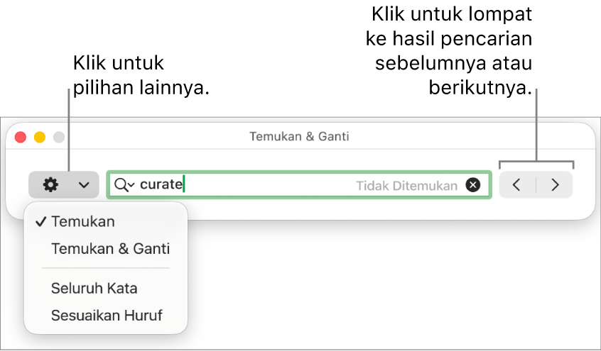 Jendela Temukan & Ganti dengan menu pop-up menampilkan pilihan Temukan, Temukan & Ganti, Seluruh Kata, dan Sesuaikan Huruf. Panah di sebelah kanan memungkinkan Anda melompat ke hasil pencarian sebelumnya atau berikutnya.