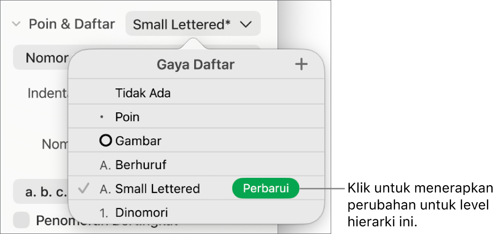 Menu pop-up Gaya Daftar dengan tombol Perbarui di samping nama gaya baru.