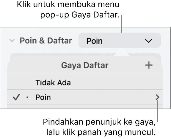 Menu pop-up Gaya Daftar dengan satu gaya dipilih dan panah di kanan jauh.