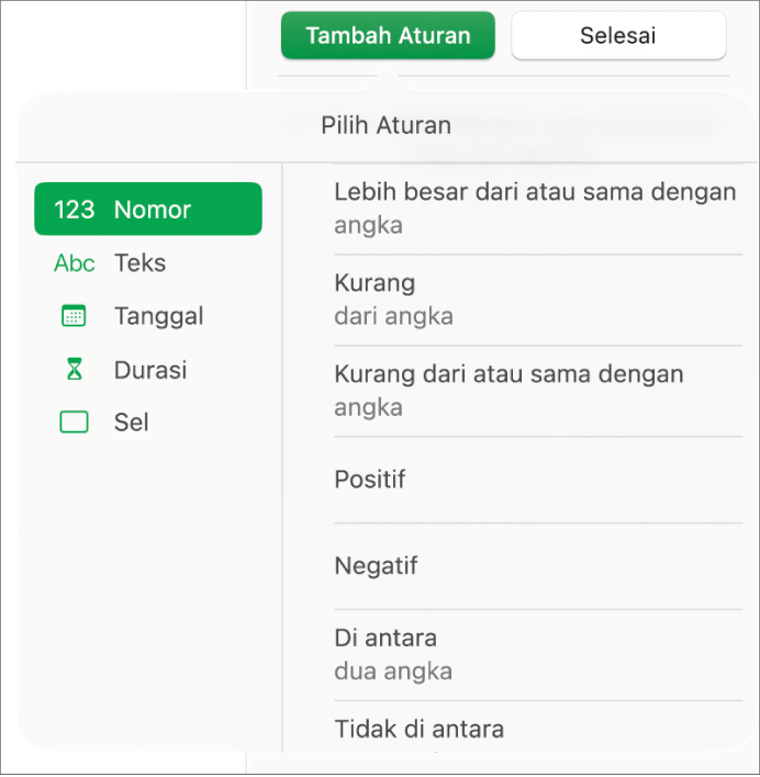 Jenis aturan penyorotan sel.