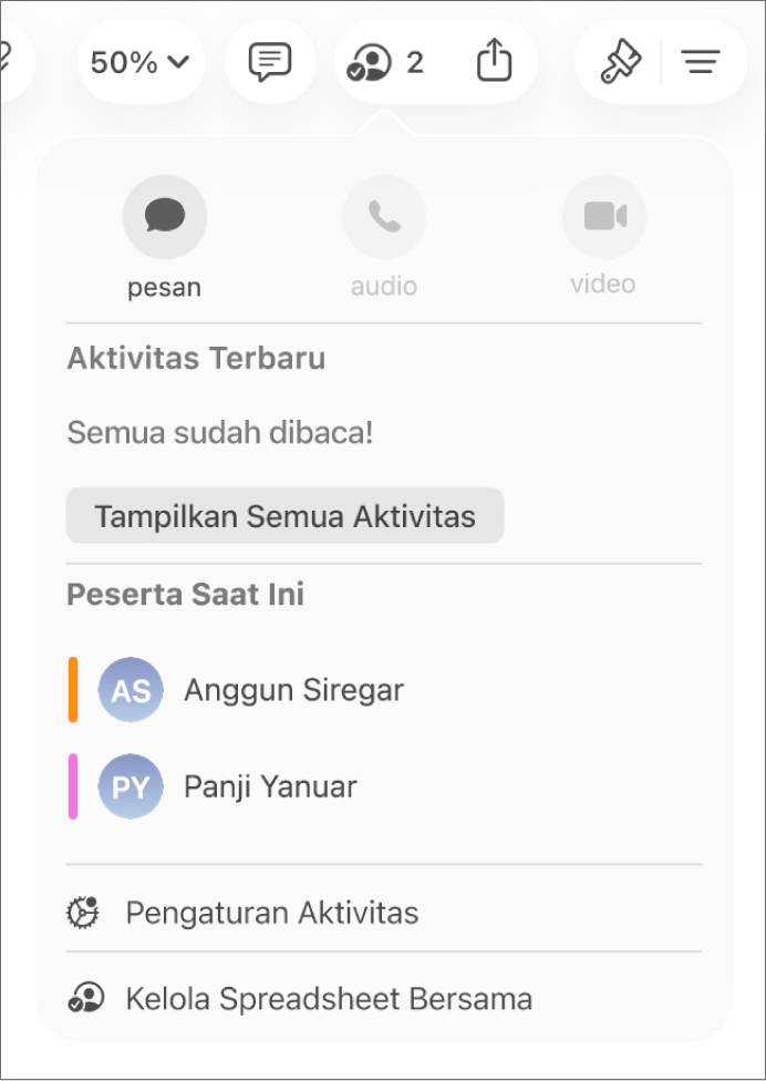 Menu kolaborasi menampilkan nama orang yang berkolaborasi di spreadsheet.