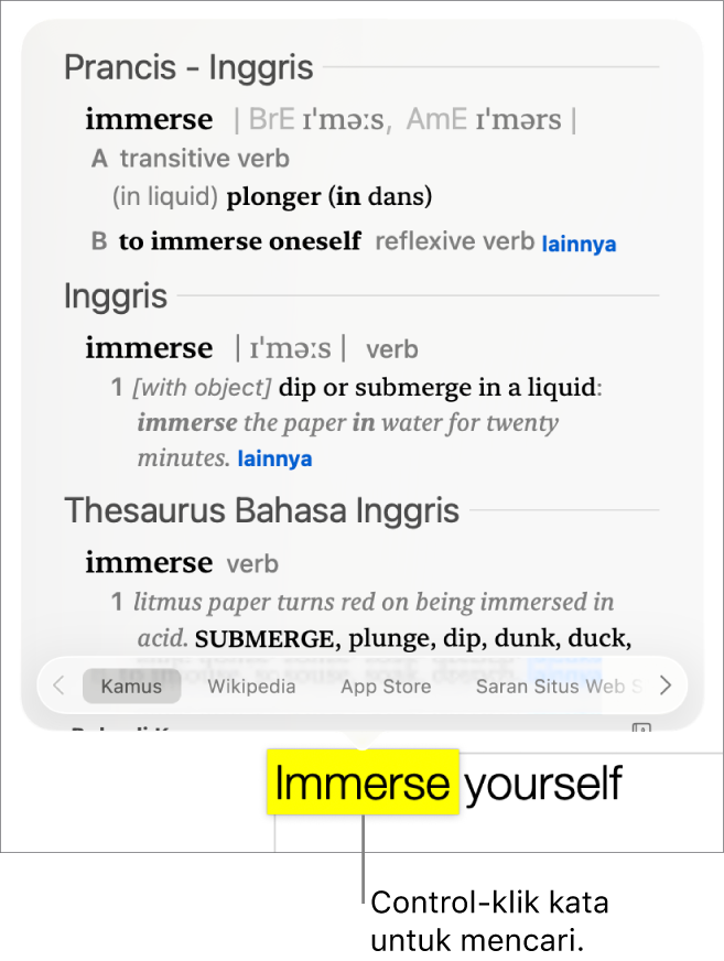Teks dengan kata yang disorot dan jendela yang menampilkan definisinya dan entri tesaurus. Tiga tombol di bagian bawah jendela memberikan tautan ke kamus, Wikipedia, dan situs web yang disarankan oleh Siri.
