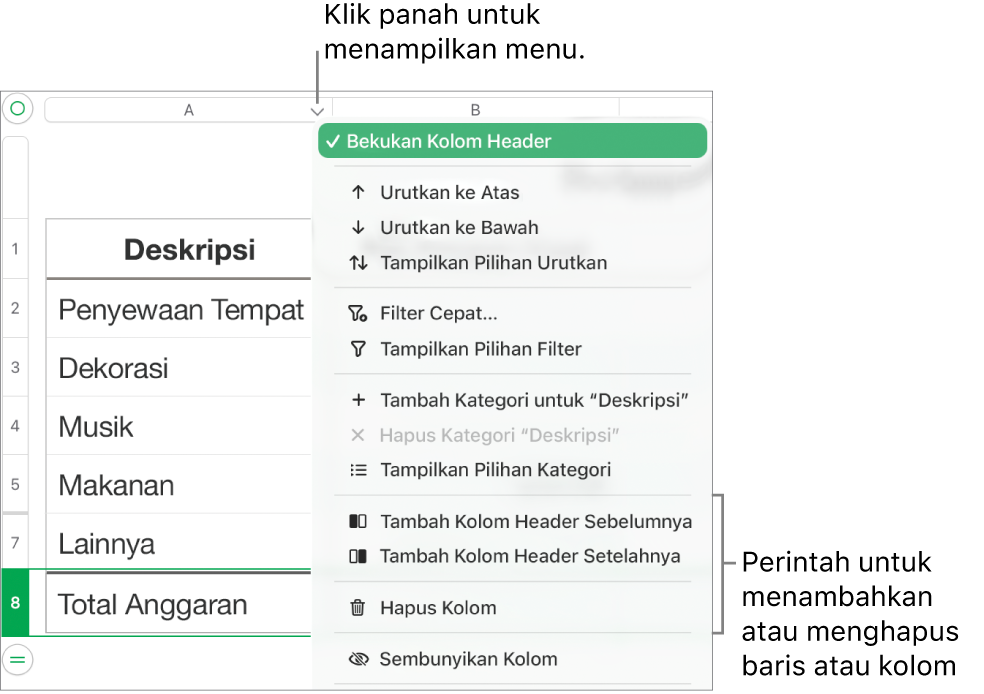 Menu kolom tabel dengan perintah untuk menambahkan atau menghapus baris dan kolom.