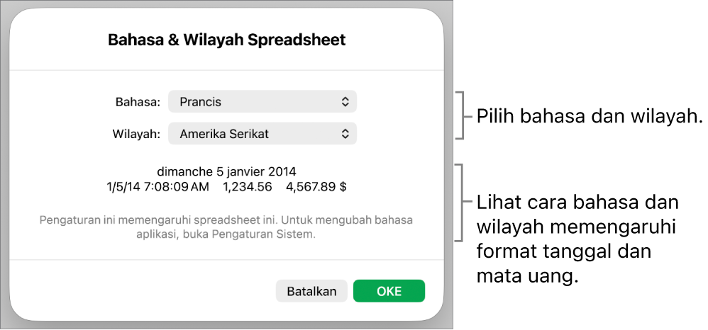 Panel Bahasa & Wilayah dengan kontrol untuk bahasa dan wilayah, serta contoh format termasuk tanggal, waktu, desimal, dan mata uang.