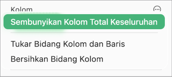 Menu Pilihan Bidang Lainnya, menampilkan kontrol untuk menyembunyikan total keseluruhan, menukar bidang kolom dan baris, dan membersihkan bidang.