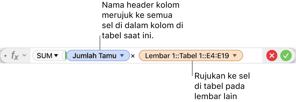Editor Formula menampilkan formula yang merujuk pada kolom di satu tabel dan sel di tabel lain.