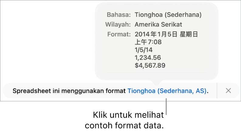 Pemberitahuan pengaturan bahasa dan wilayah yang berbeda, menunjukkan contoh format dalam bahasa dan wilayah tersebut.