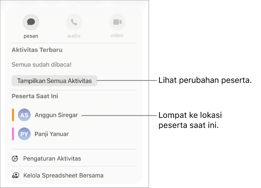 Menu kolaborasi dengan dua peserta saat ini terdaftar.