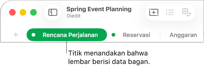 Tab lembar dengan titik menunjukkan bahwa tabel dalam lembar ini telah direferensikan dalam bagan yang datanya sedang Anda edit.