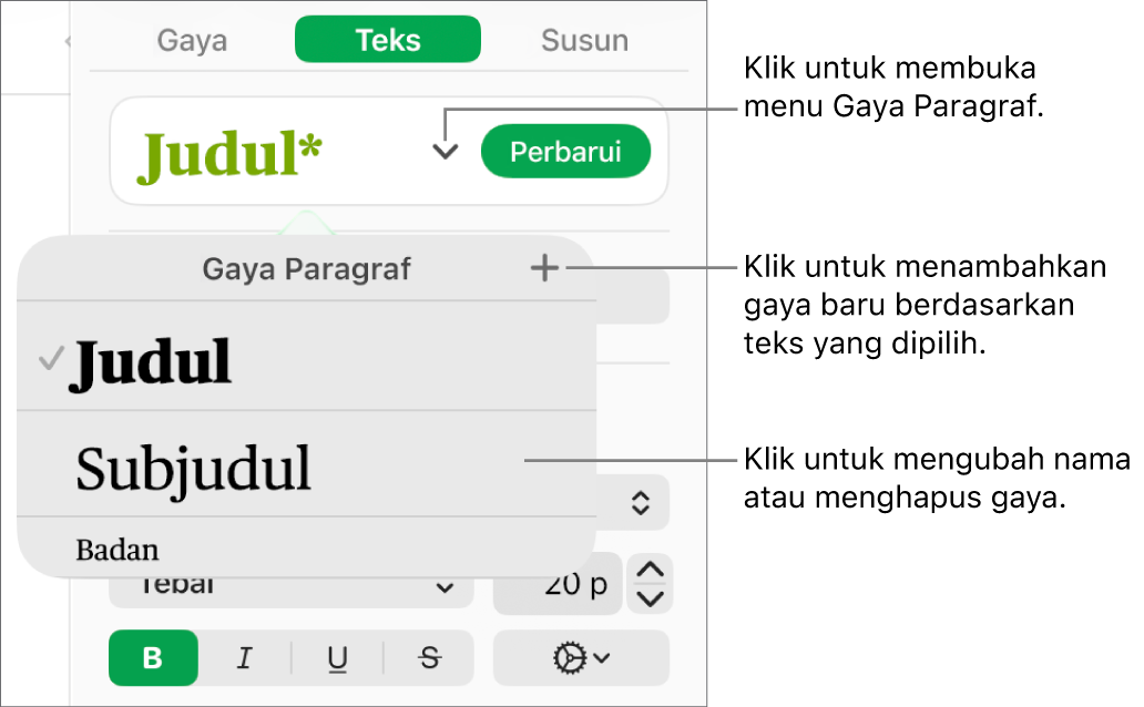 Menu Gaya Paragraf, menampilkan kontrol untuk menambahkan atau mengubah gaya.