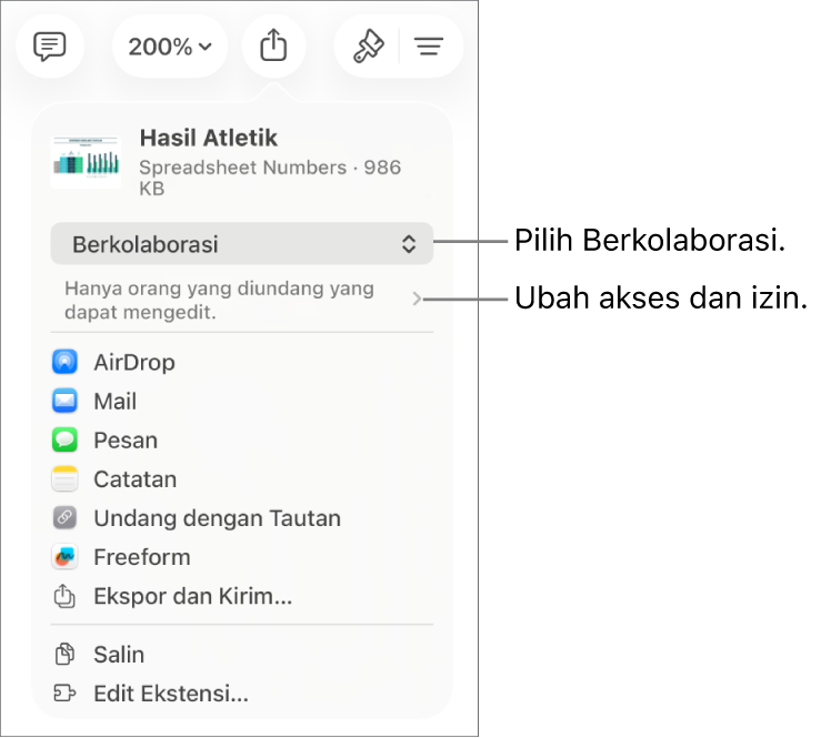Menu Bagikan dengan Kolaborasi dipilih di bagian atas, dan pengaturan dan izin di bawahnya.