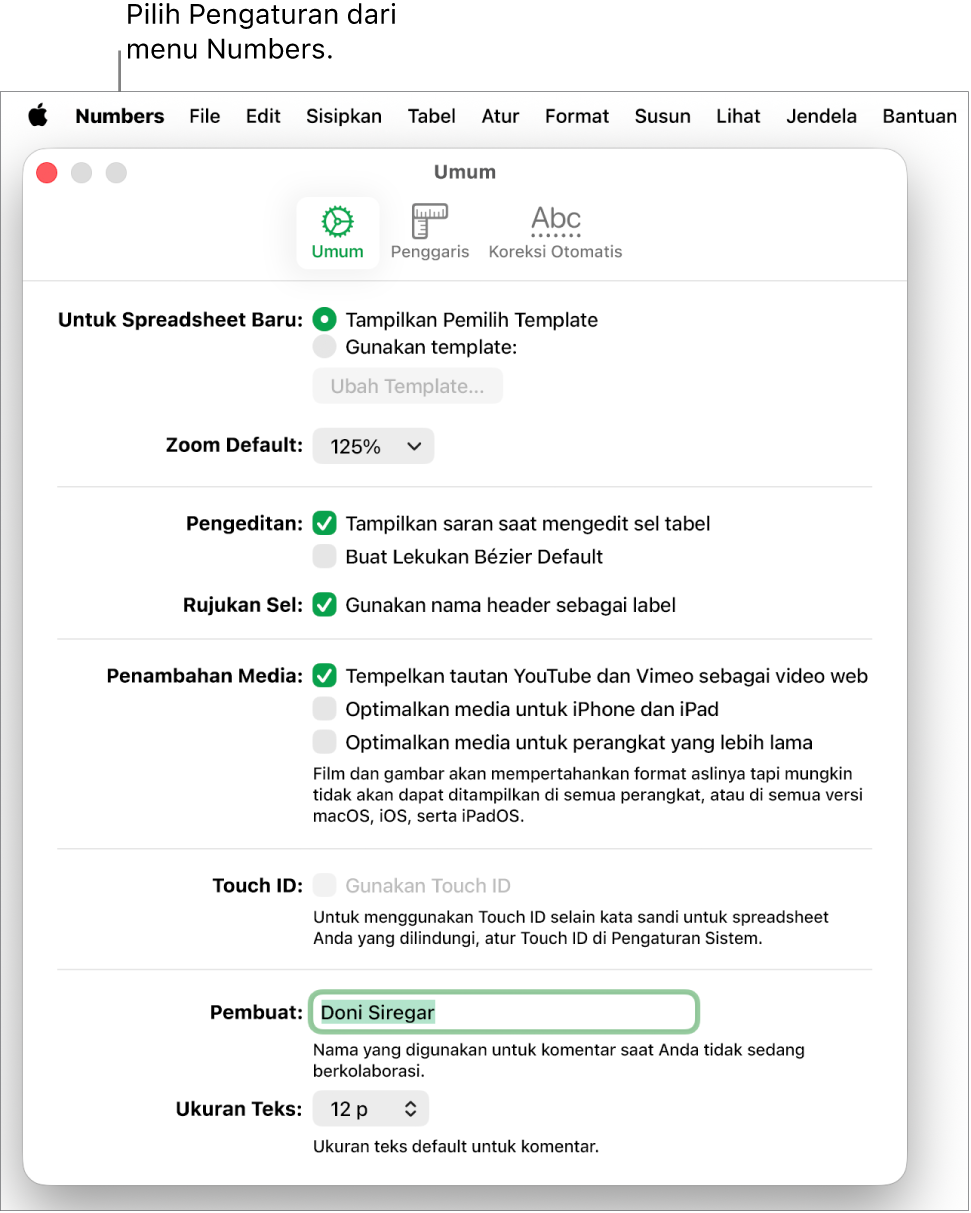 Jendela pengaturan Numbers terbuka ke panel Umum, dengan pengaturan untuk spreadsheet baru, zoom default, pengeditan, rujukan sel, persamaan, menambahkan media, Touch ID, nama pembuat, serta ukuran teks default.