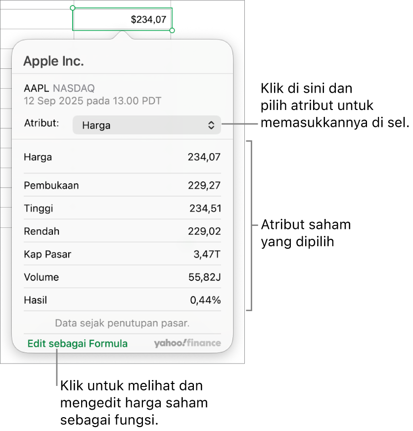 Dialog untuk memasukkan informasi atribut saham, dengan Apple sebagai saham yang dipilih.