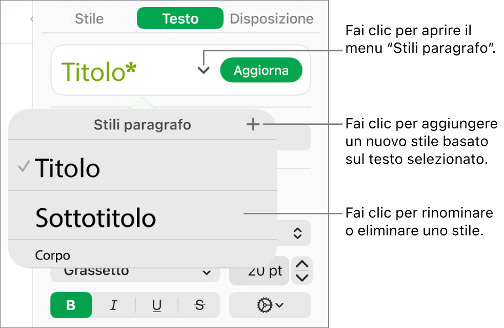 Il menu “Stili Paragrafo”, in cui vengono visualizzati i controlli per aggiungere o modificare uno stile.