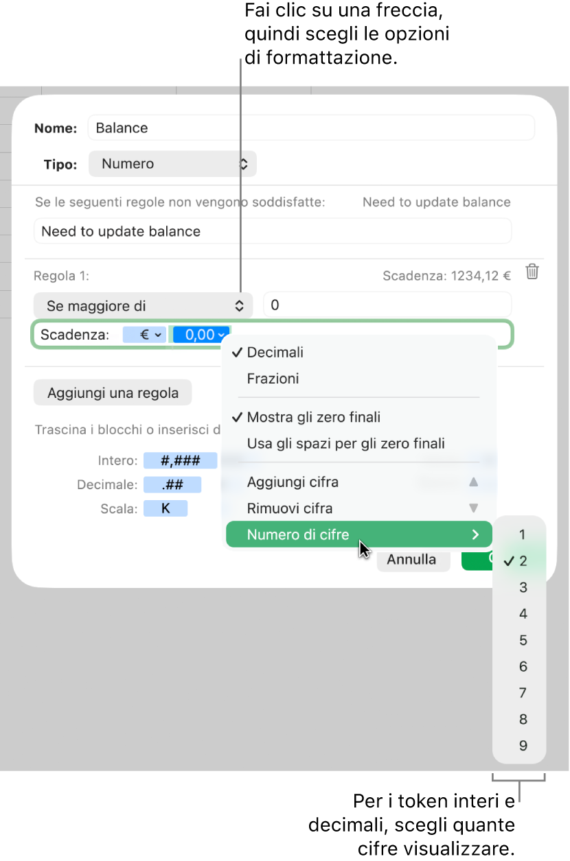 Finestra per la formattazione delle celle con controlli per scegliere opzioni di formattazione personalizzate.