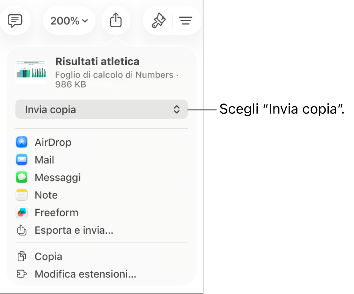 Il menu Condividi con l’opzione “Invia copia” selezionata in alto.