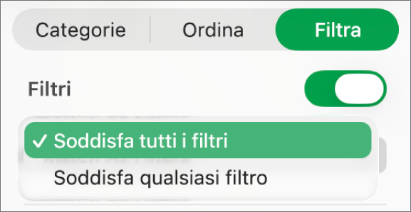 Menu a comparsa per scegliere se visualizzare le righe che soddisfano i criteri di tutti i filtri o quelle che soddisfano i criteri di un filtro qualsiasi.