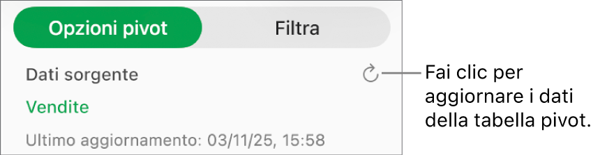 Il pannello “Opzioni pivot” che mostra l’opzione per aggiornare la tabella pivot.
