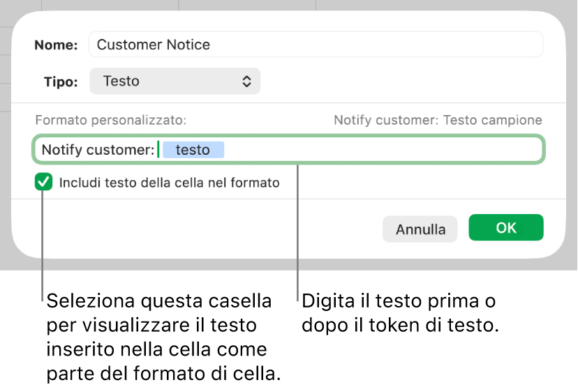 Formato di celle di testo personalizzato.