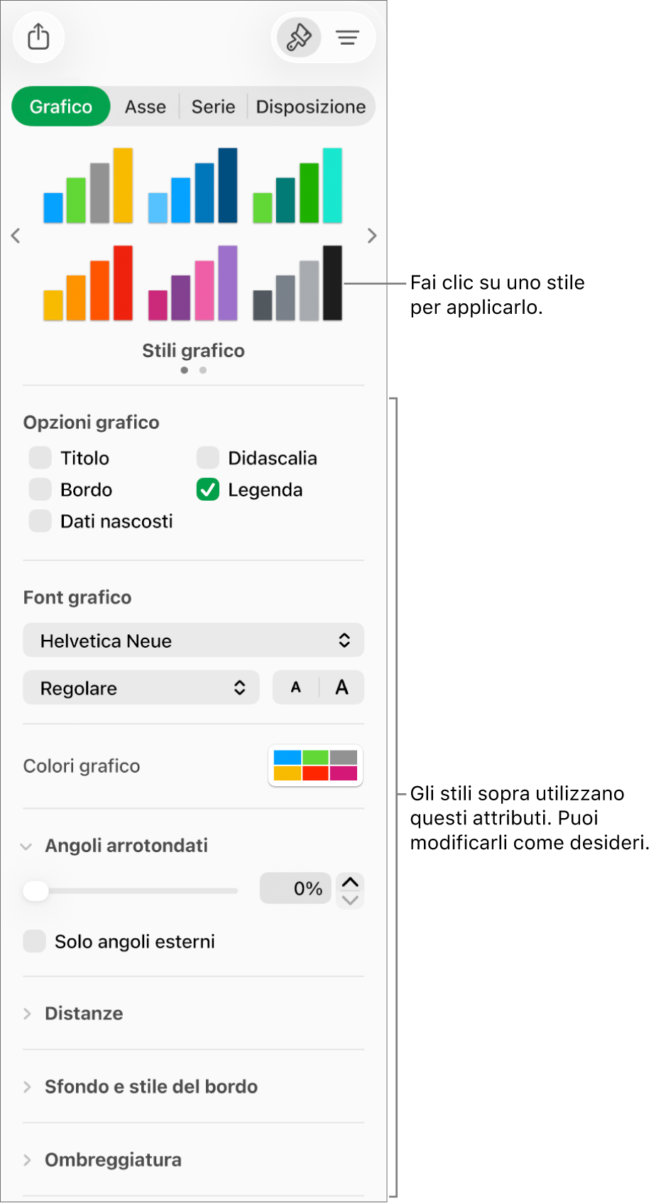 Barra laterale Formattazione con i controlli per formattare i grafici.