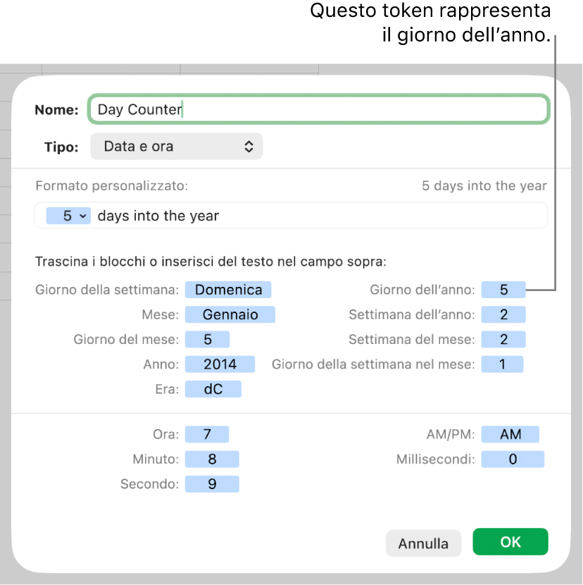 Formato personalizzato di celle di data e ora.